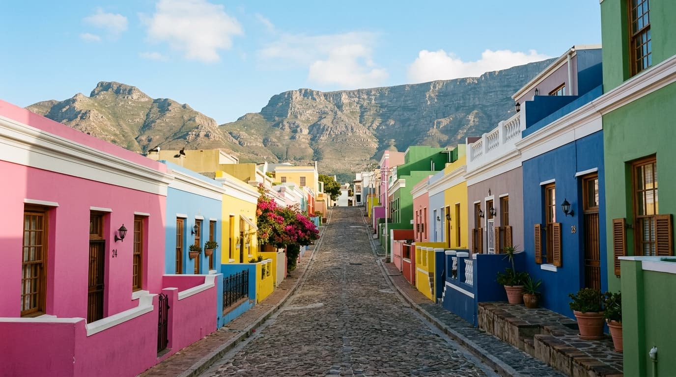 Ruelle résidentielle colorée du quartier de Bo-Kaap au Cap, façades pastel et pavés