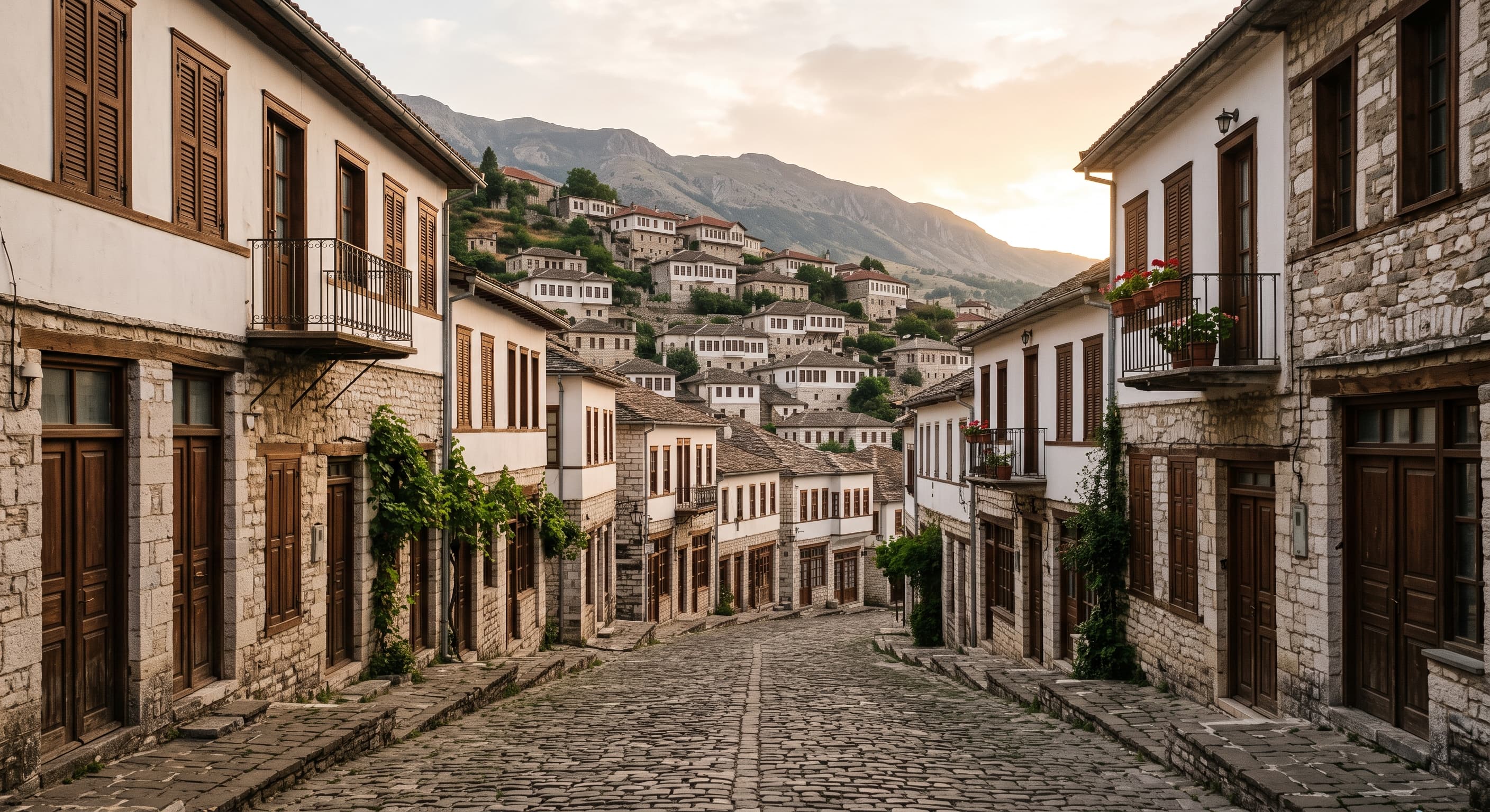 Rue résidentielle calme aux maisons ottomanes blanches superposées à flanc de colline dans la vieille ville de Berat, en Albanie