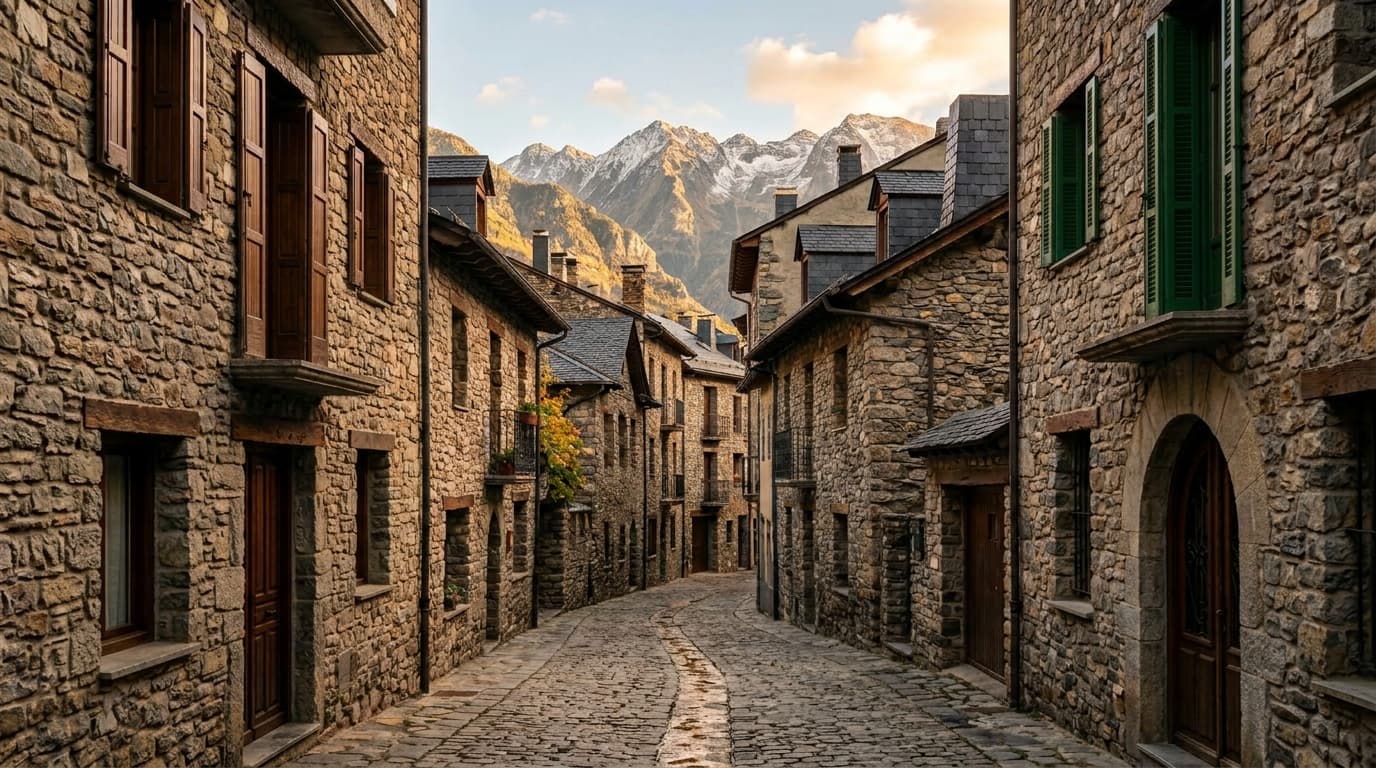 Rue résidentielle calme du vieux quartier d'Andorre-la-Vieille, façades de montagne en pierre