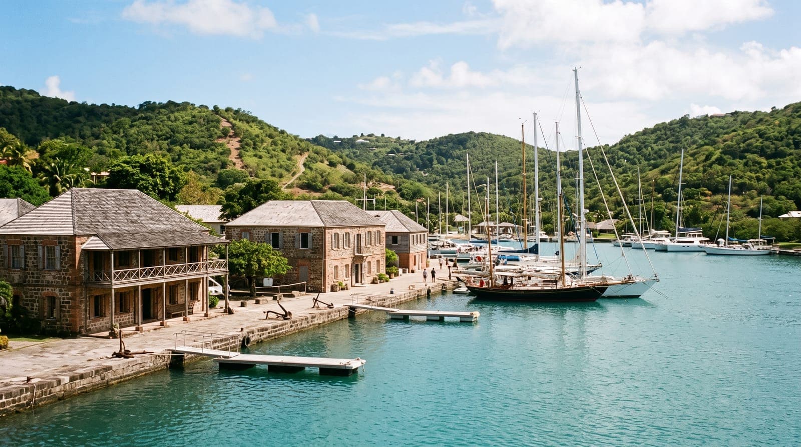 Hafen English Harbour auf Antigua, alte Steingebäude am türkisfarbenen Wasser mit liegenden Segelbooten vor grünen Hügeln
