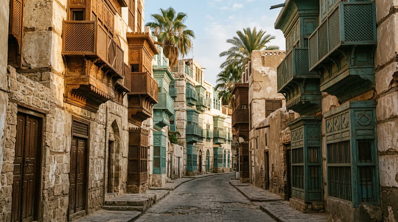 Ruelle historique du quartier Al-Balad à Jeddah, façades en pierre corail et balcons en bois sculpté (rawasheen)