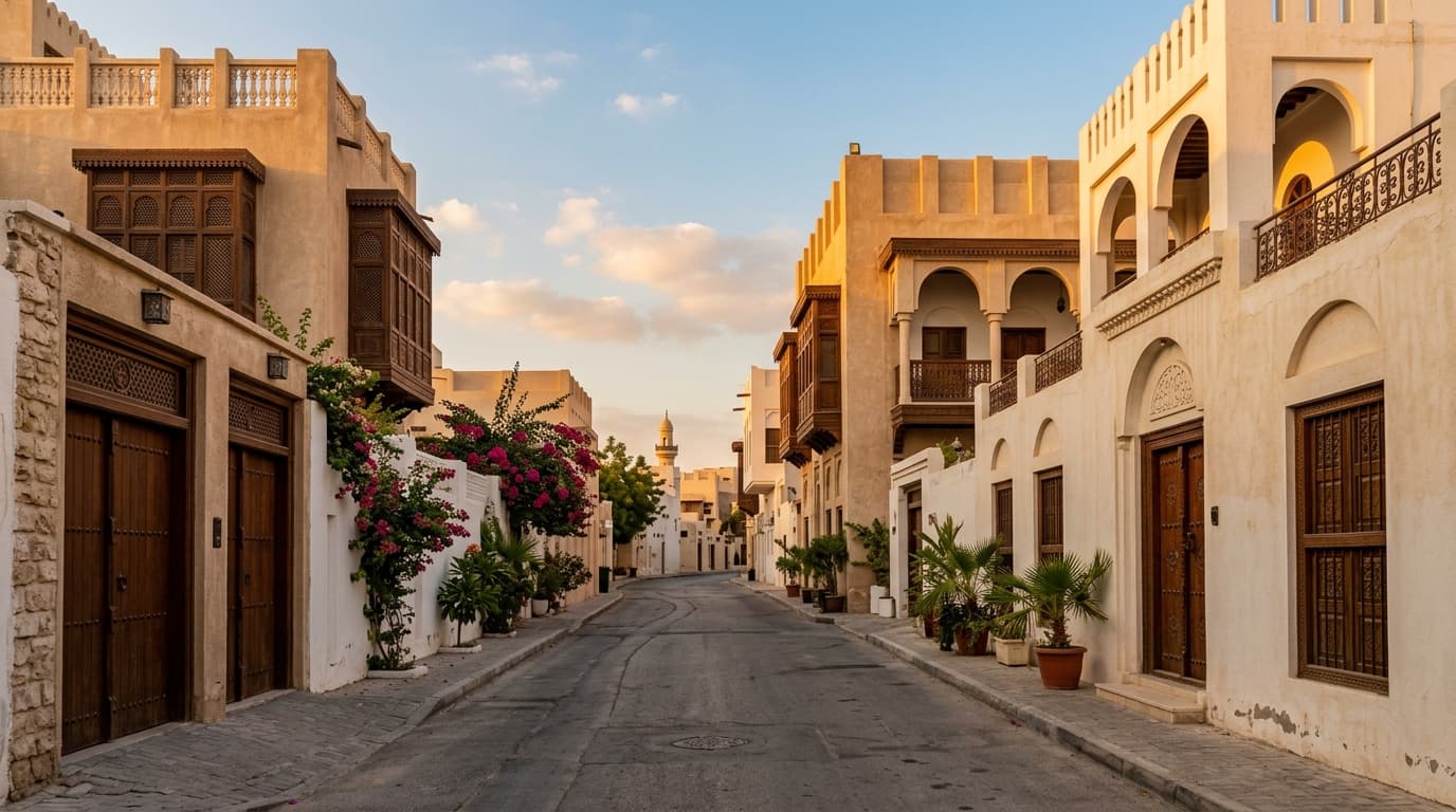 Ruelle résidentielle calme d'un quartier traditionnel de Manama, façades basses en pierre claire et moucharabiehs en bois