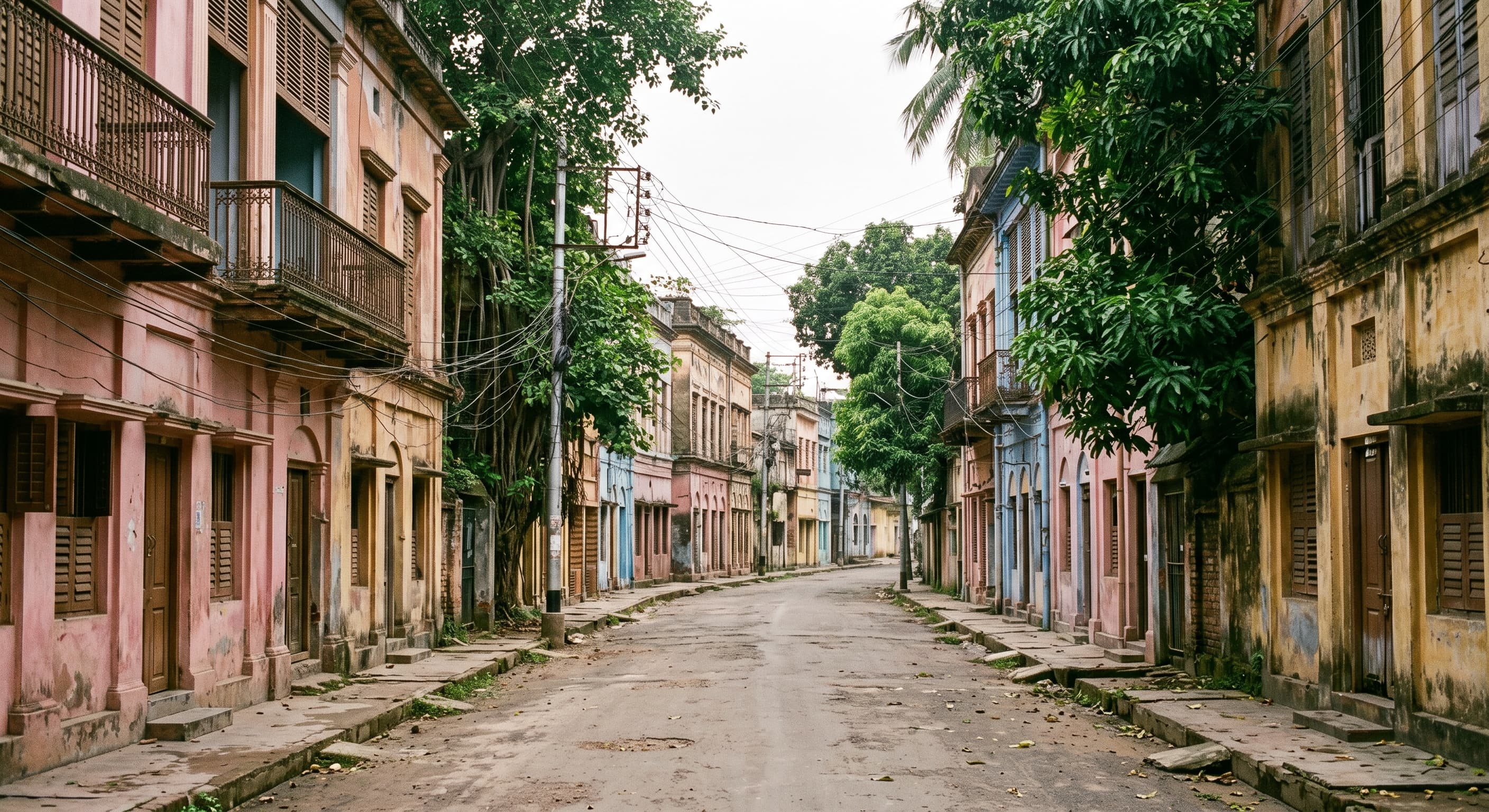 Ruelle résidentielle calme d'un quartier ancien de Dacca, façades pastel et balcons en bois, linge séchant aux fenêtres, sans personnes, véhicules ni monument identifiable