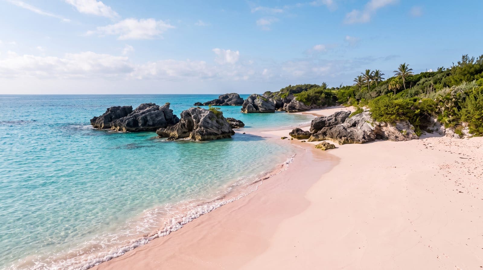 Strand auf Bermuda mit blassrosa Sand, türkisfarbenem Wasser und Kalksteinfelsen im Meer