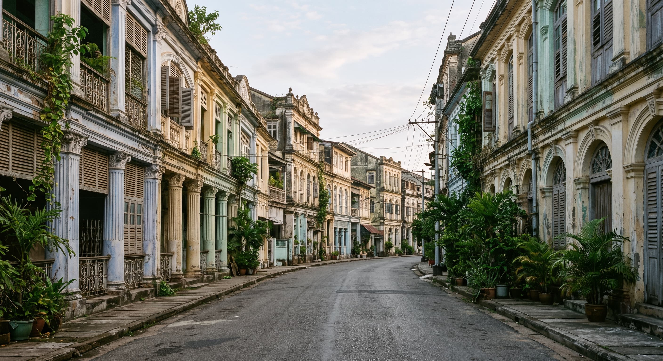 Calle residencial tranquila de un barrio antiguo de Rangún, fachadas coloniales de tonos pastel envejecidos, sin personas ni vehículos reconocibles