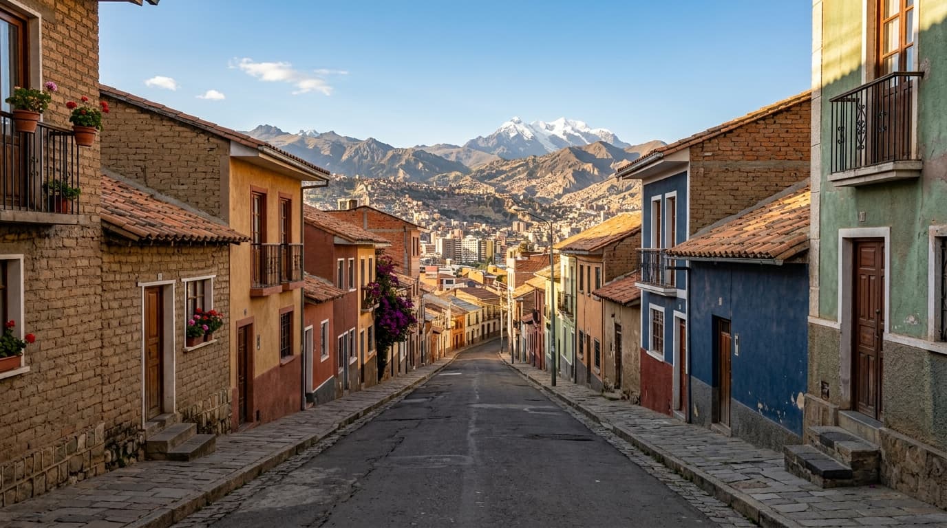 Ruhige Wohnstraße im Viertel Sopocachi in La Paz, andine Backsteinfassaden an den Hängen der Stadt, ohne erkennbare Menschen