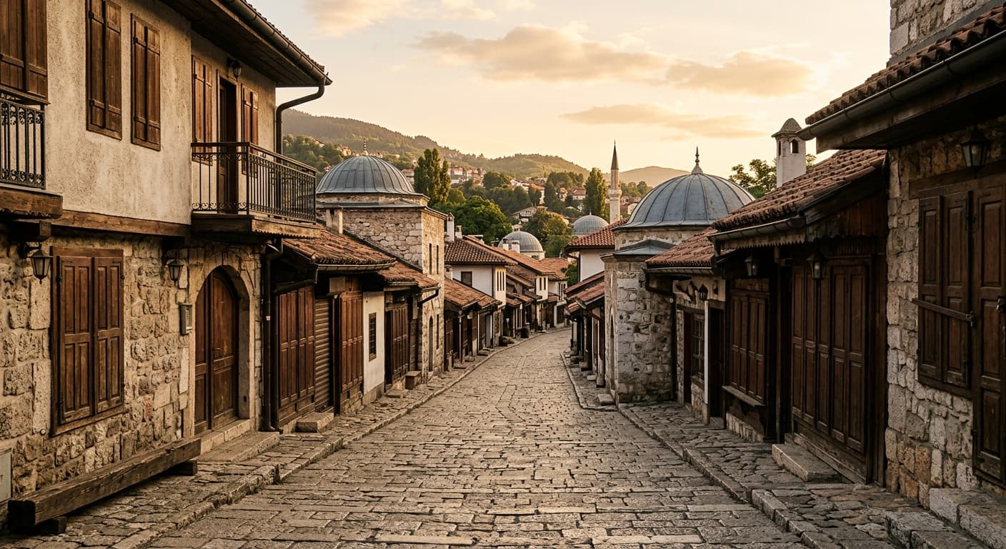 Rue résidentielle calme aux façades ottomanes du quartier historique de Baščaršija, à Sarajevo, en Bosnie-Herzégovine