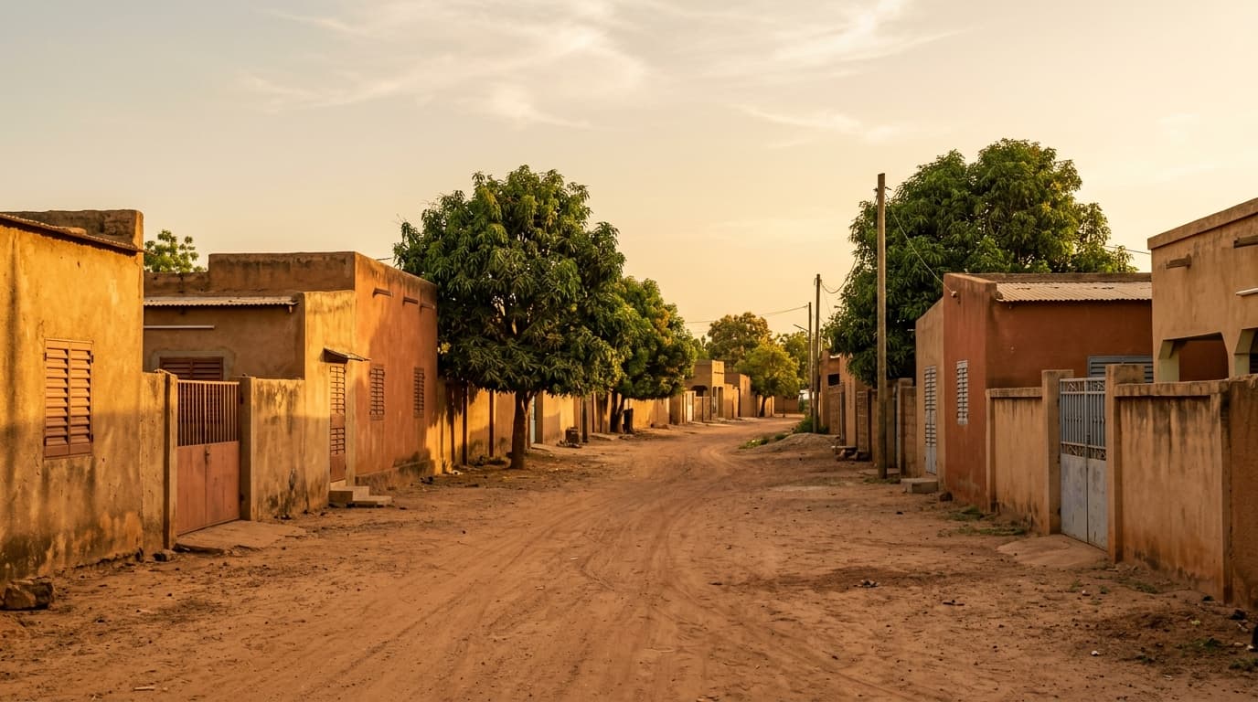 Rue résidentielle calme d'un quartier de Ouagadougou, façades basses en banco et enduit ocre d'architecture burkinabè, ruelle ombragée sans personnes reconnaissables