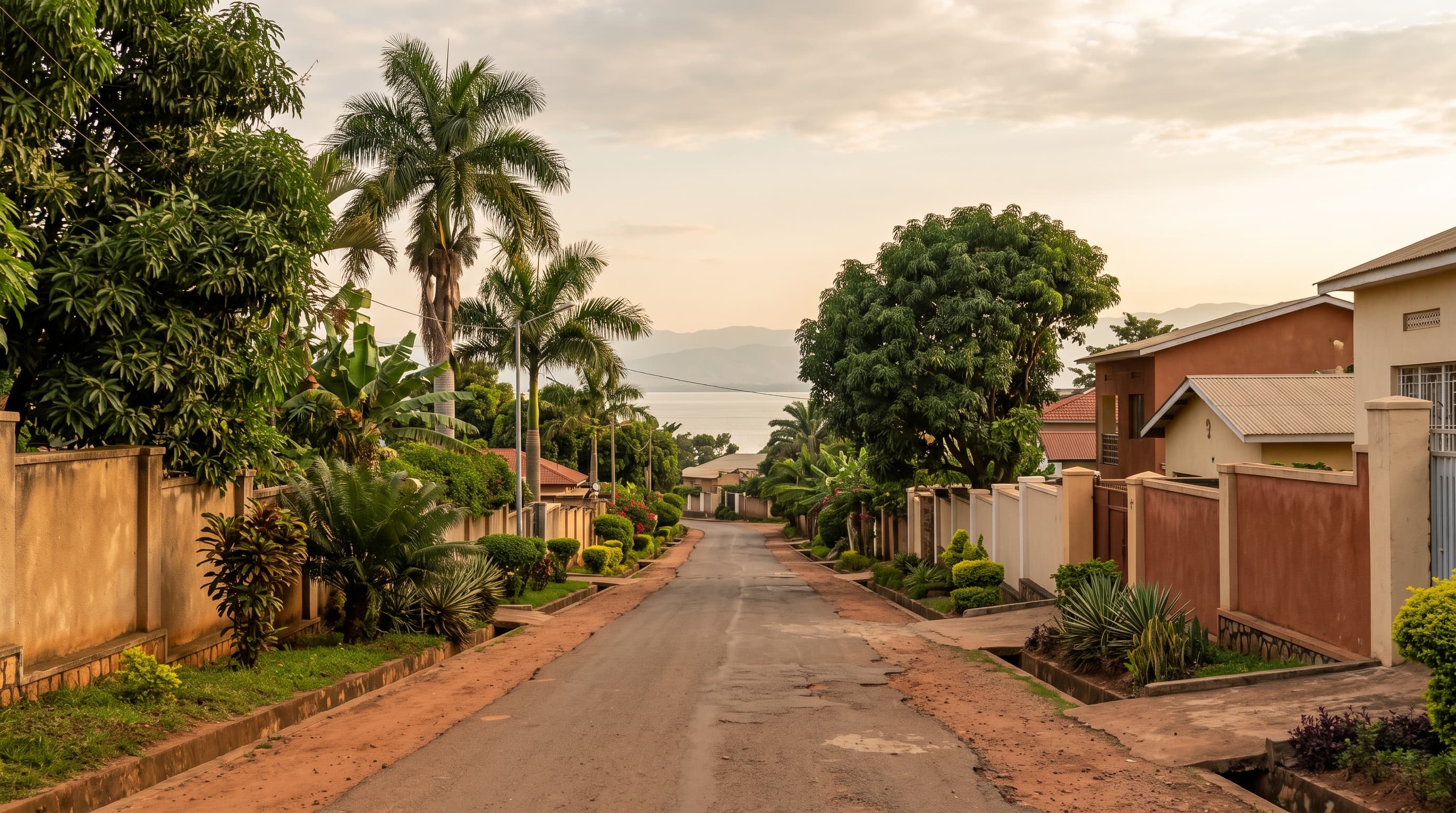 Rue résidentielle calme et vide d'un quartier de Bujumbura, végétation tropicale bordant la chaussée, collines verdoyantes en arrière-plan près du lac Tanganyika, sans personnes reconnaissables