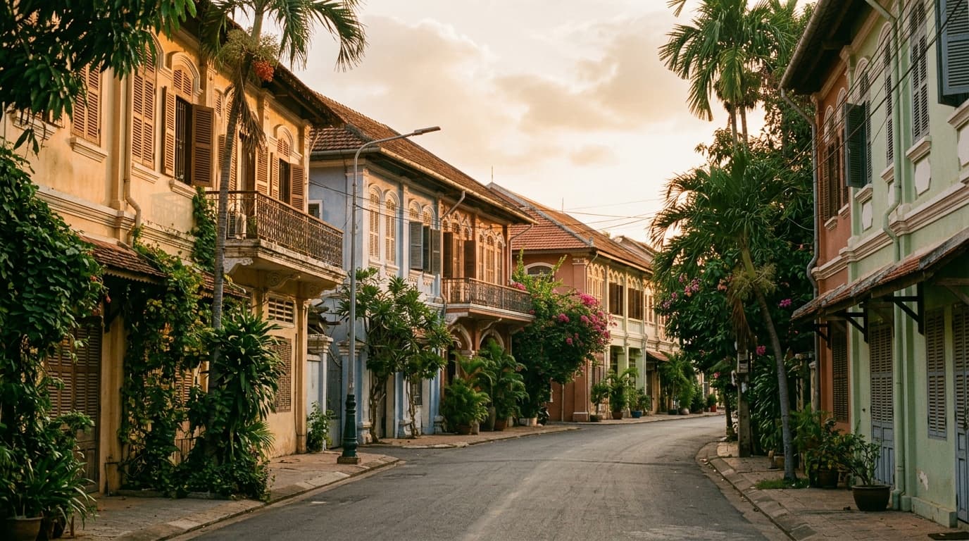 Rue résidentielle calme d'un quartier de Phnom Penh, Cambodge, façades d'architecture coloniale française