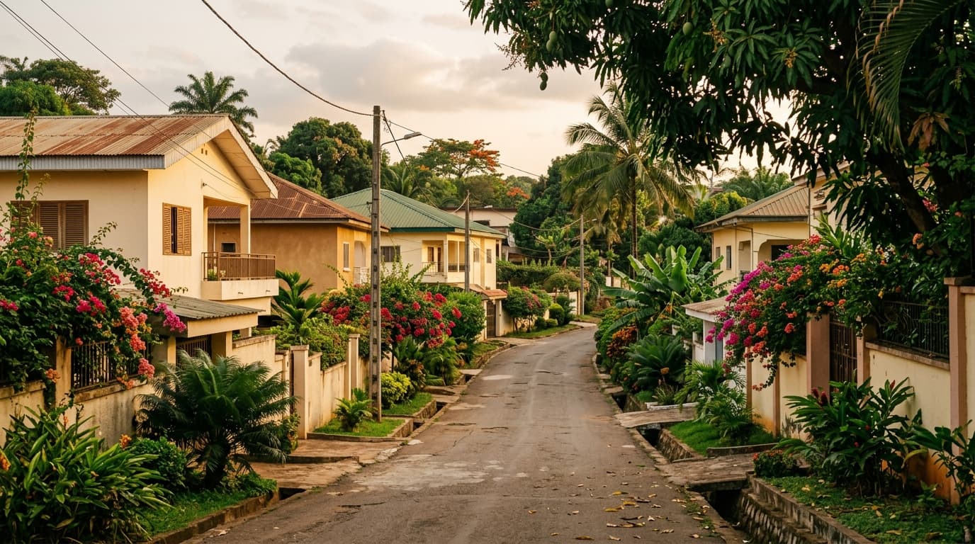 Rue résidentielle calme et verdoyante d'un quartier de Yaoundé, villas et végétation tropicale