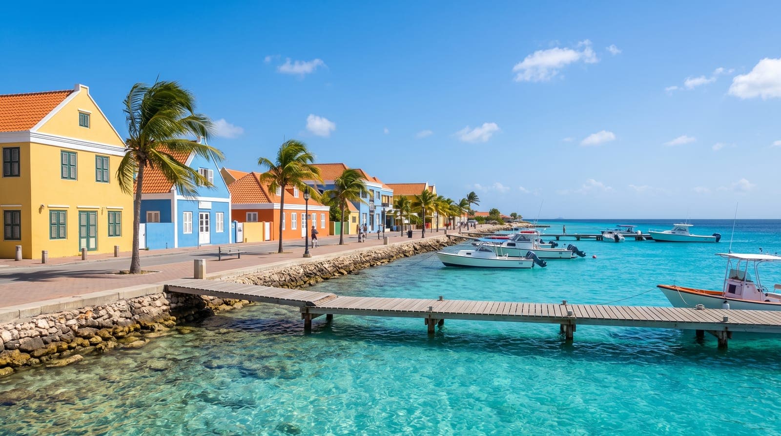 Uferpromenade von Kralendijk auf Bonaire: bunte Gebäude, Holzsteg und türkisfarbenes Wasser