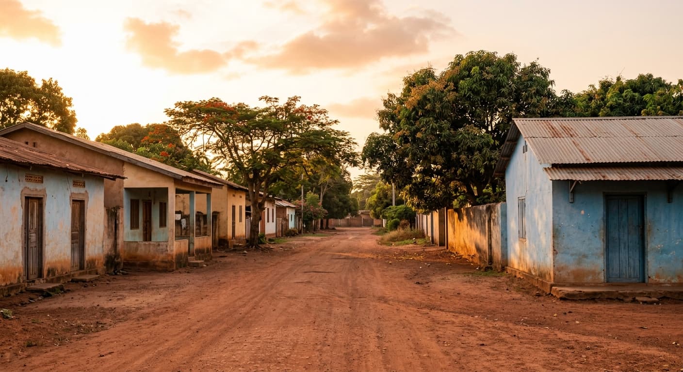 Via residenziale tranquilla di un quartiere di Bangui, case basse con facciate semplici circondate da vegetazione tropicale, senza persone riconoscibili