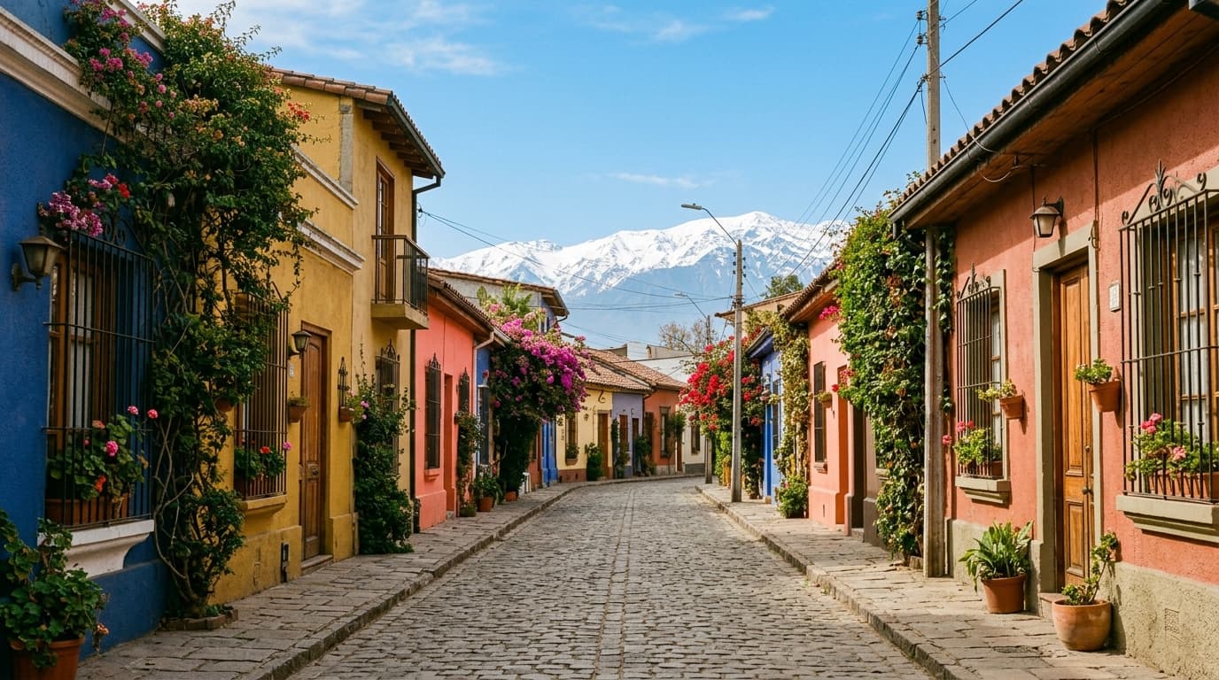 Via residenziale colorata del quartiere Bellavista a Santiago del Cile, con la cordigliera delle Ande sullo sfondo