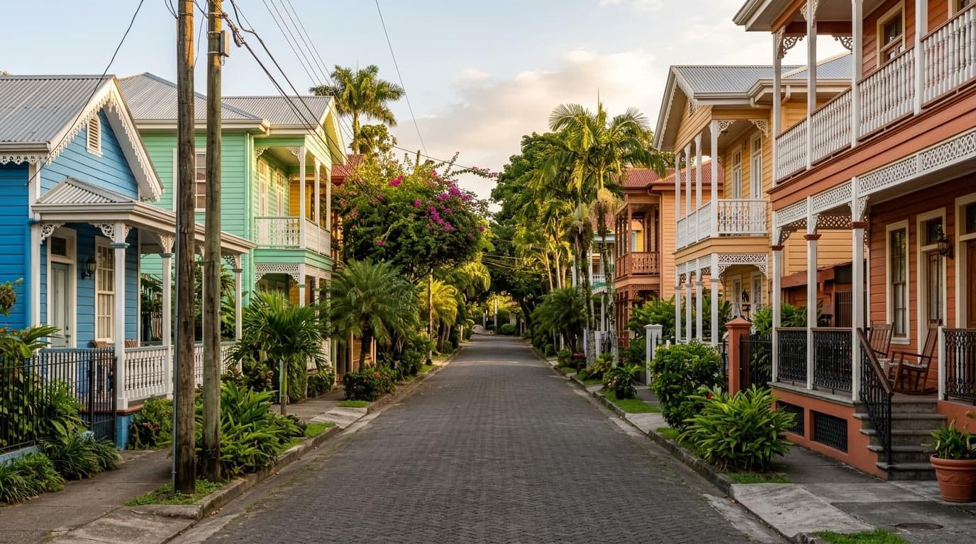 Calle residencial tranquila del barrio histórico de Barrio Amón en San José, fachadas de estilo victoriano tropical, sin personas reconocibles