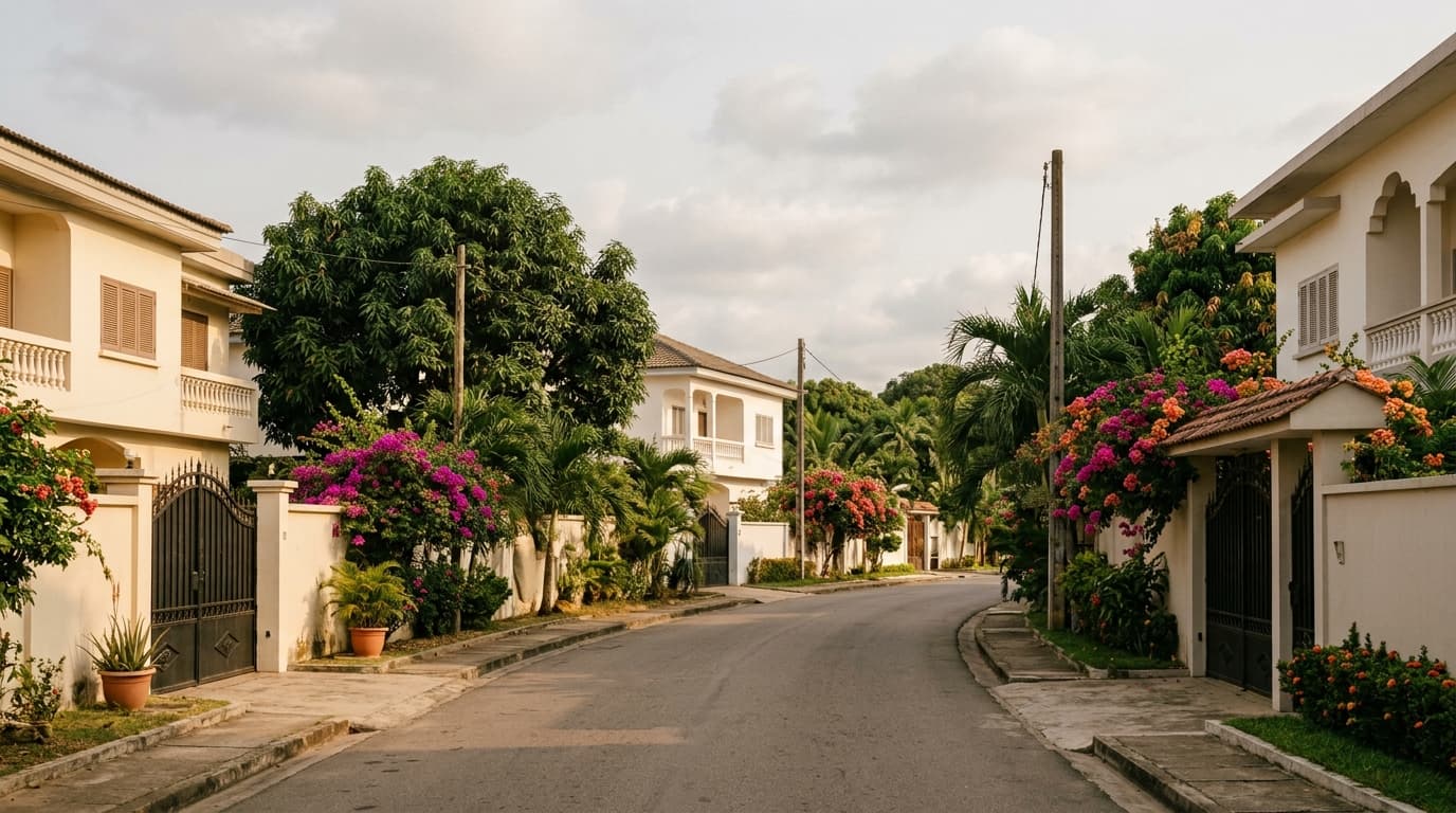 Villa residenziale moderna e via tranquilla bordata di alberi di mango e bouganville nel quartiere di Cocody, Abidjan