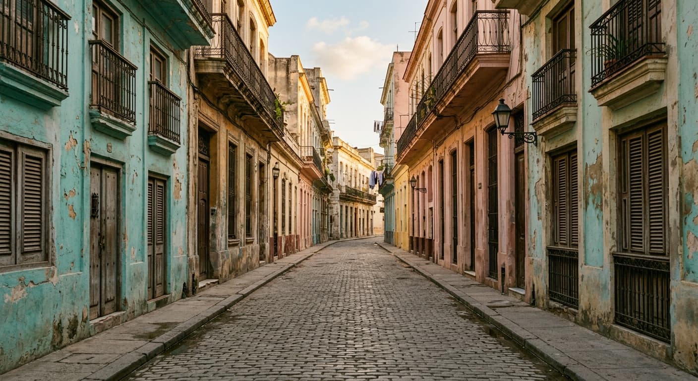 Rue résidentielle calme du centre historique de La Havane, façades colorées aux teintes pastel et balcons en fer forgé de style colonial, sans personnes ni véhicules visibles