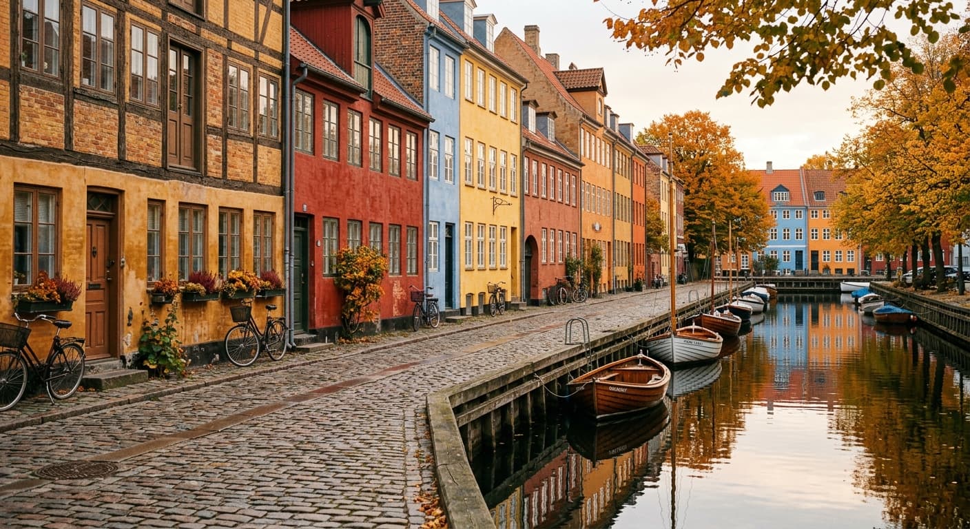 Wohnstraße mit bunten Fassaden im Stadtviertel Christianshavn in Kopenhagen, Dänemark