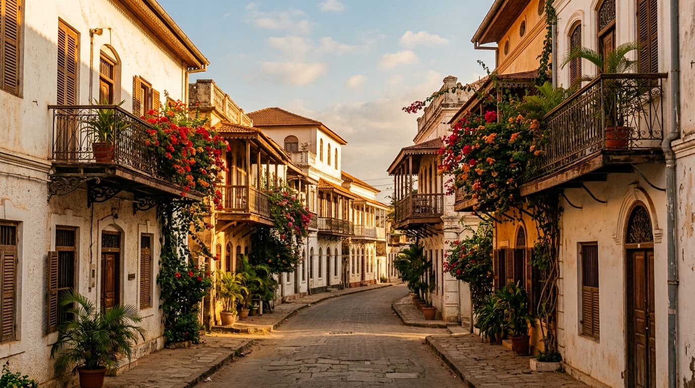 Rue résidentielle calme d'un quartier de Djibouti-ville, façades d'architecture coloniale
