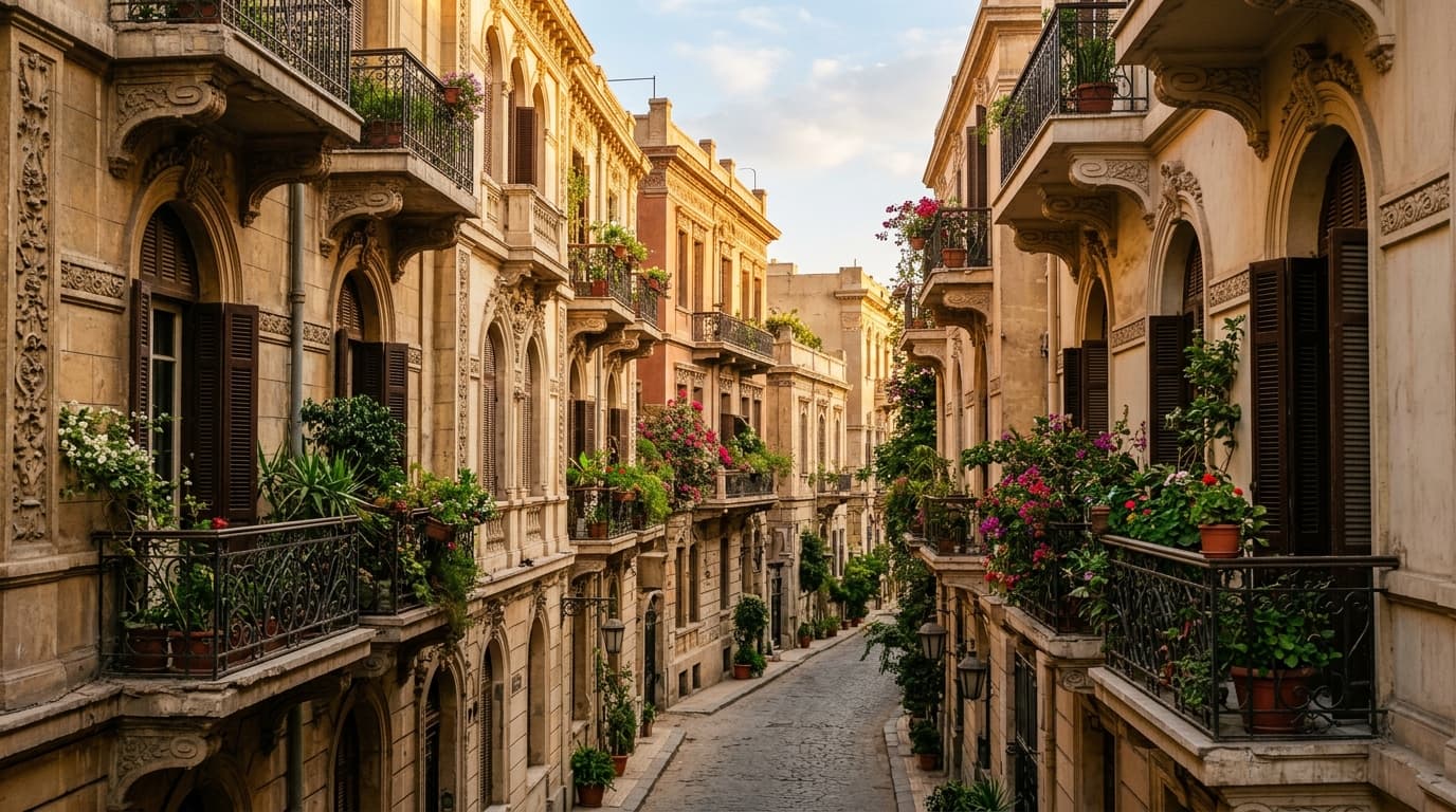 Wohnstraße mit Gebäuden und Balkonen in einem ruhigen Viertel von Kairo, Ägypten