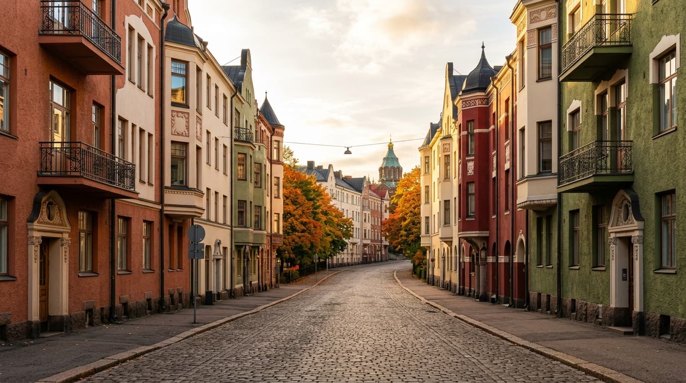 Ruhige Wohnstraße mit bunten Fassaden im historischen Viertel Katajanokka in Helsinki, Finnland