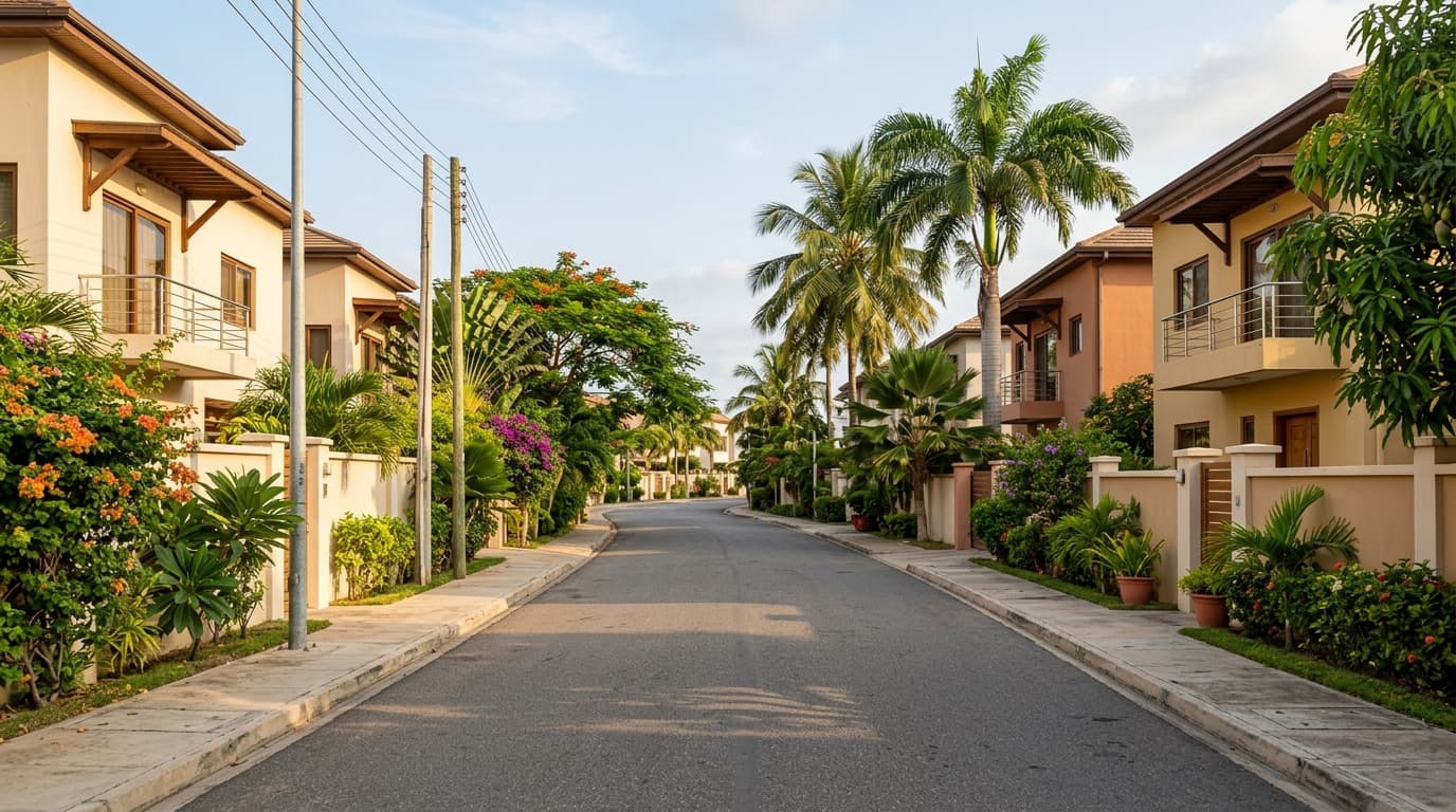 Ruhige Wohnstraße in einem Viertel von Accra, niedrige Häuser mit bunten Fassaden, umgeben von Umfassungsmauern und tropischer Vegetation, ohne erkennbare Personen