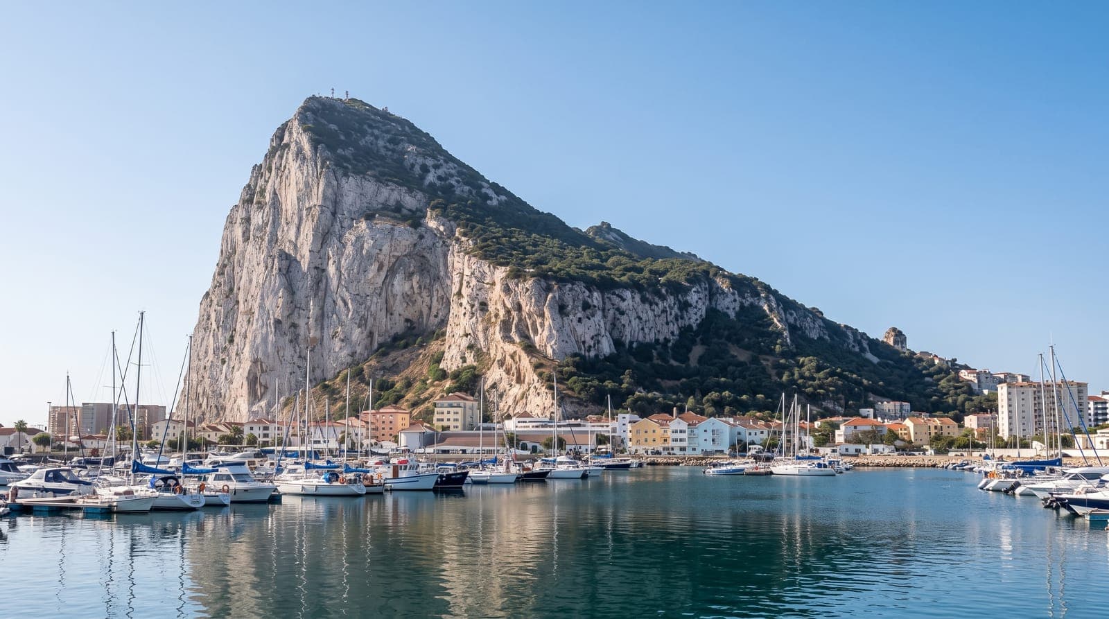 Der Felsen von Gibraltar über Marina und Bucht