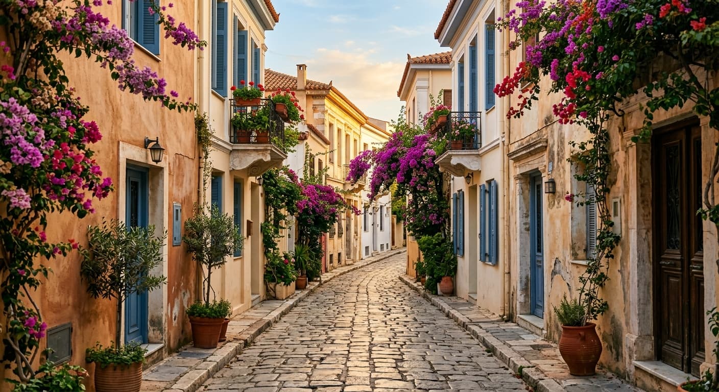 Rue résidentielle du quartier de Plaka à Athènes, Grèce, façades blanches et bleues néoclassiques