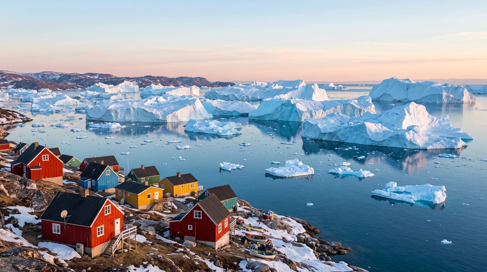 Eisberge im vereisten Fjord von Ilulissat in Grönland, bunte Häuser an der Küste