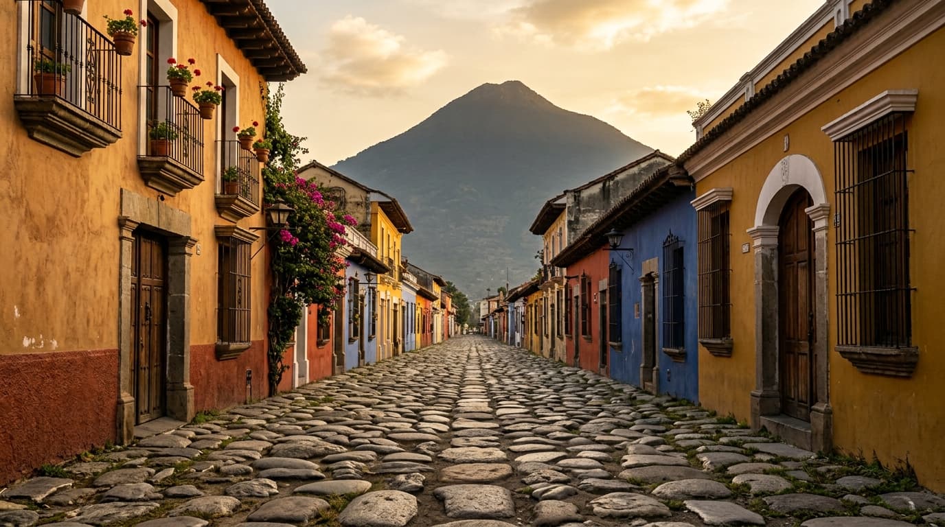 Ruhige Wohnstraße in Antigua Guatemala, Kopfsteinpflaster und bunte Kolonialfassaden am Fuß eines Vulkans, ohne erkennbare Personen