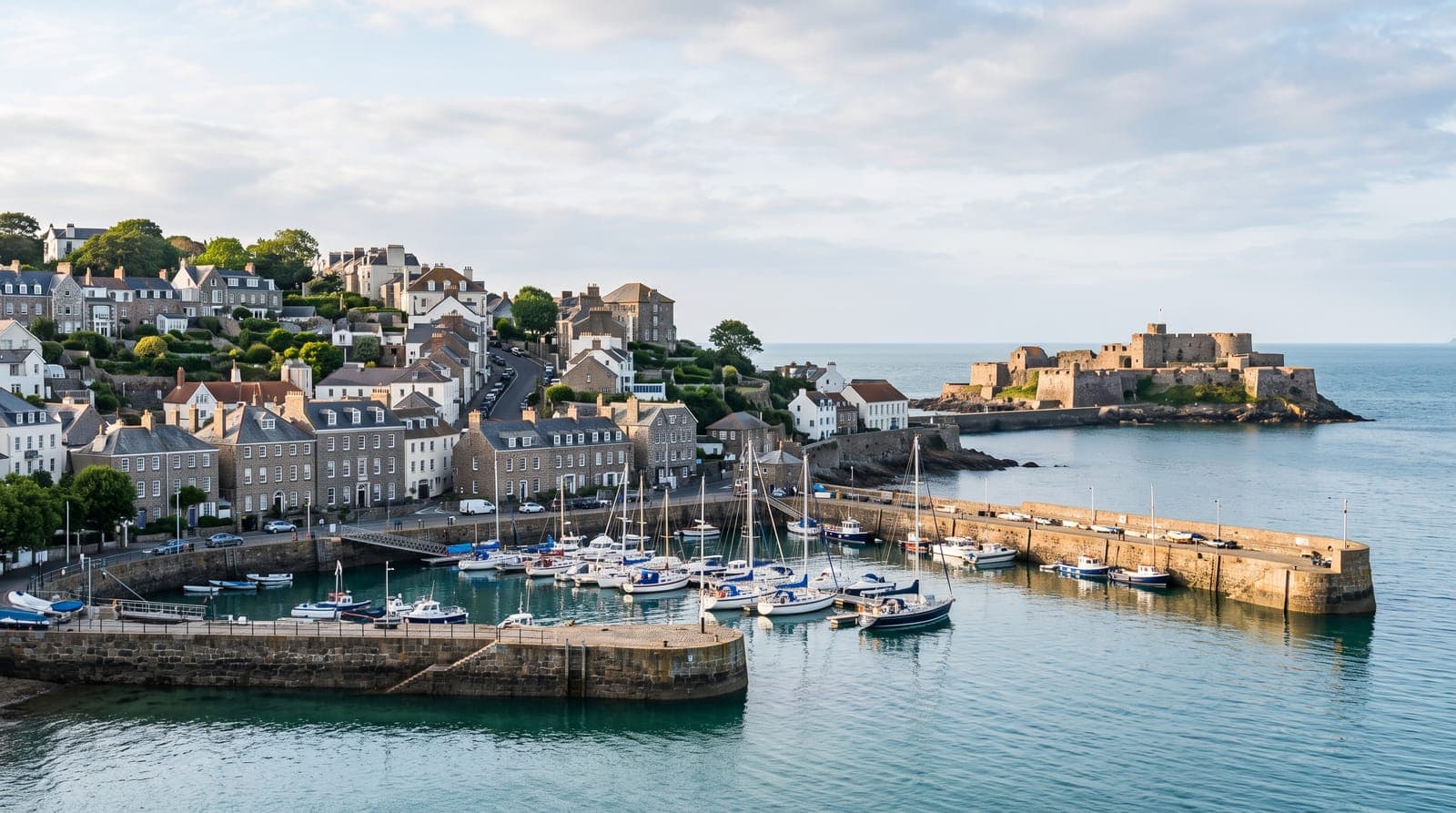 Hafen von Saint Peter Port auf Guernsey mit Granithäusern am Hang und einer Burg am Meer
