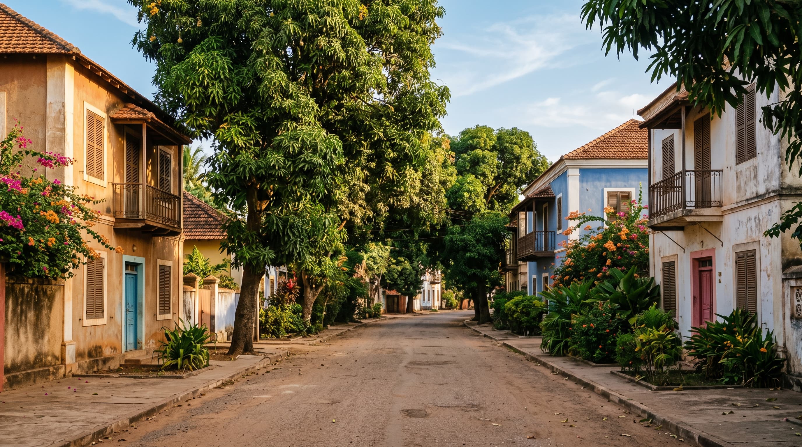 Rue résidentielle calme d'un quartier de Bissau, maisons basses colorées et manguiers sous ciel tropical