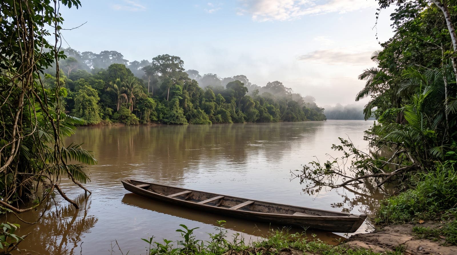 Fluss in Französisch-Guayana, gesäumt von Amazonas-Regenwald, mit Morgendunst und einem Holzkanu
