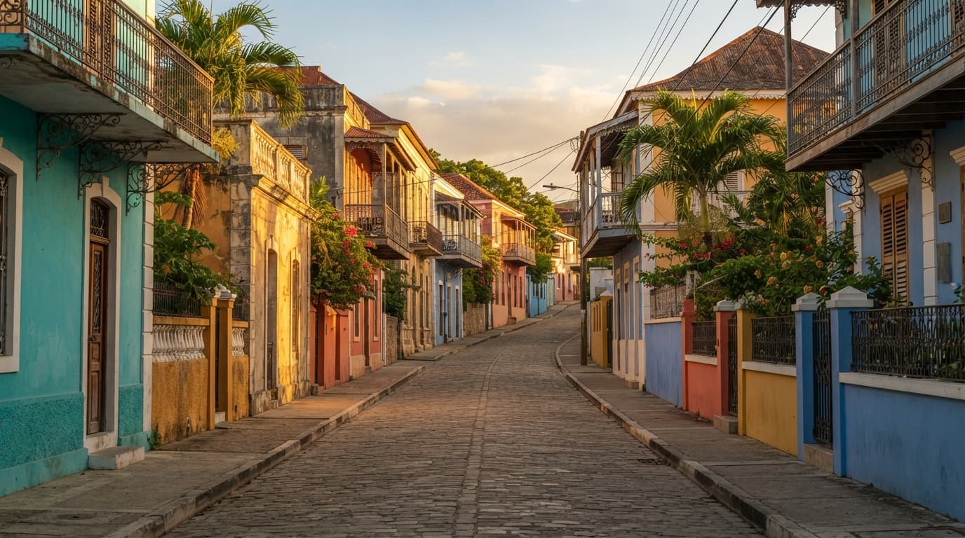 Rue résidentielle calme bordée de façades colorées de style colonial, dans un quartier historique du Cap-Haïtien ou de Jacmel en Haïti, sans personnes reconnaissables