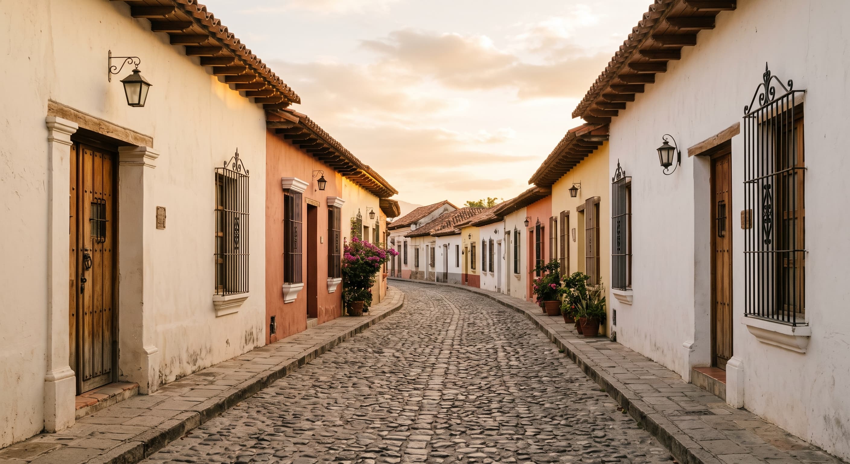 Calle tranquila y vacía de una ciudad colonial de Honduras, fachadas coloridas de estilo colonial, adoquines, sin personas ni vehículos reconocibles, sin yacimiento arqueológico ni monumento identificable