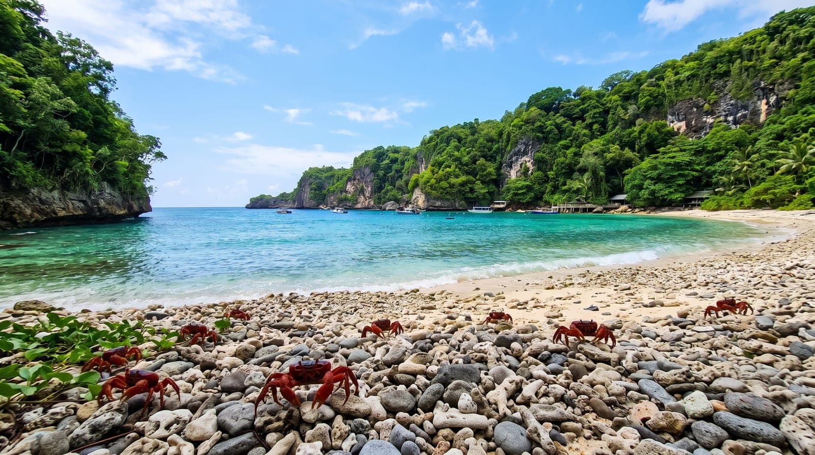 Bucht von Flying Fish Cove auf der Weihnachtsinsel, dschungelbewachsene Klippen und rote Krabben am Strand