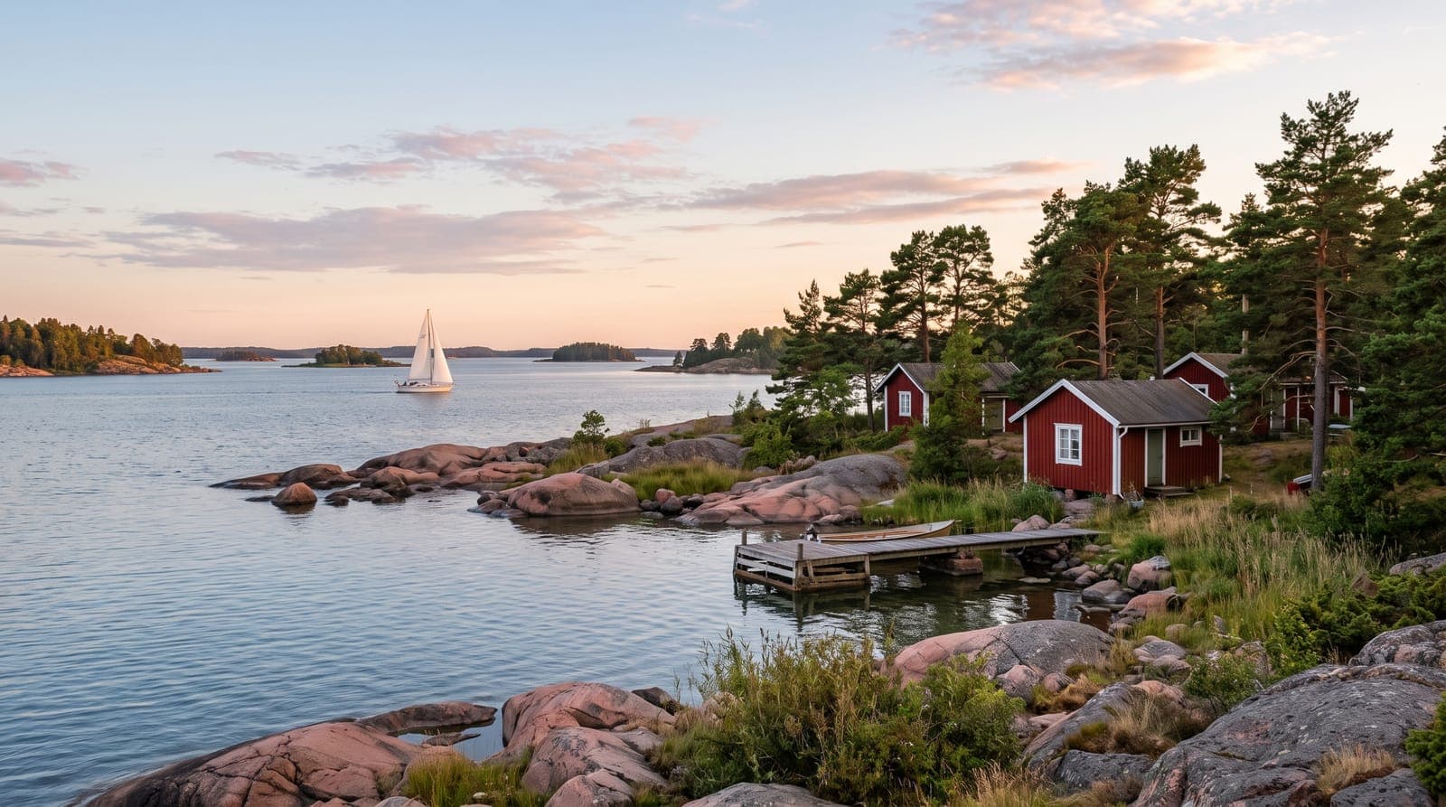 Rote Holzhäuschen am Ufer einer Bucht des Åland-Archipels, rosa Granitfelsen und ein Segelboot bei Sonnenuntergang