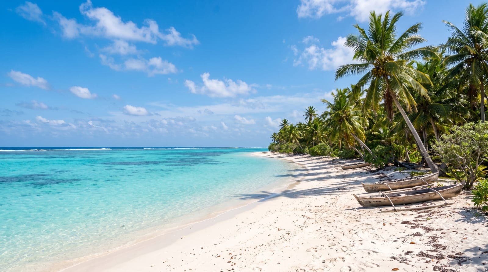 Türkisfarbene Lagune und weißer Sandstrand, gesäumt von Kokospalmen, auf einem Atoll der Kokosinseln (Keeling)