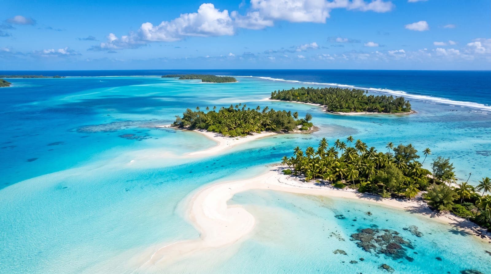 Türkisfarbene Lagune von Aitutaki auf den Cookinseln, weiße Sandbänke und mit Kokospalmen bewachsene Inselchen
