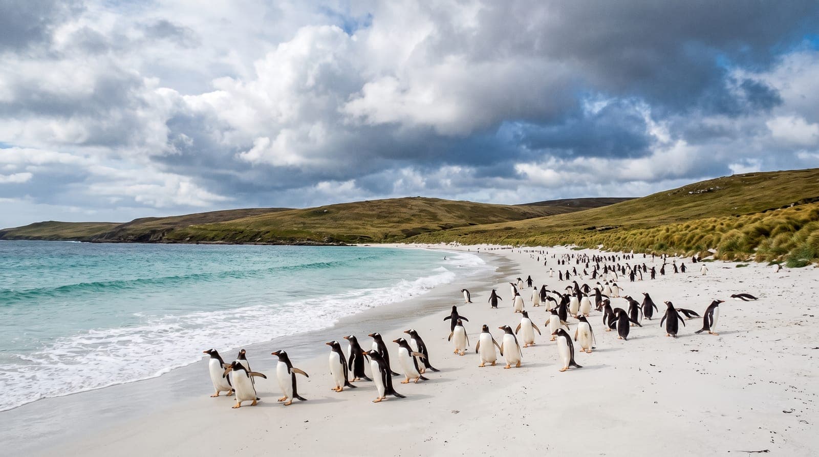 Weißer Sandstrand der Falklandinseln mit einer Kolonie von Eselspinguinen, grasbewachsene Hügel und dramatischer Himmel