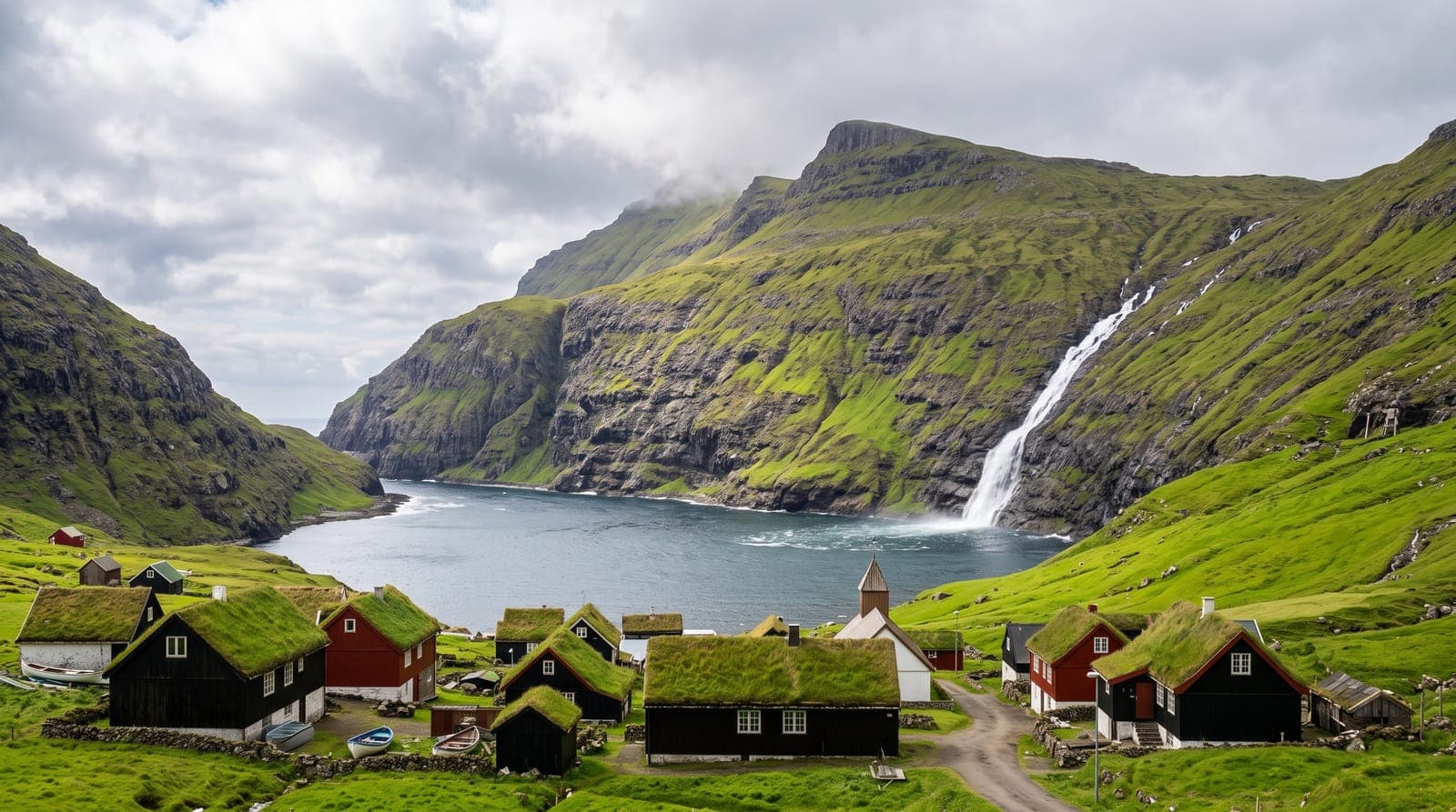 Dorf mit Grasdächern am Ufer eines Fjords der Färöer, grüne Klippen und ein Wasserfall