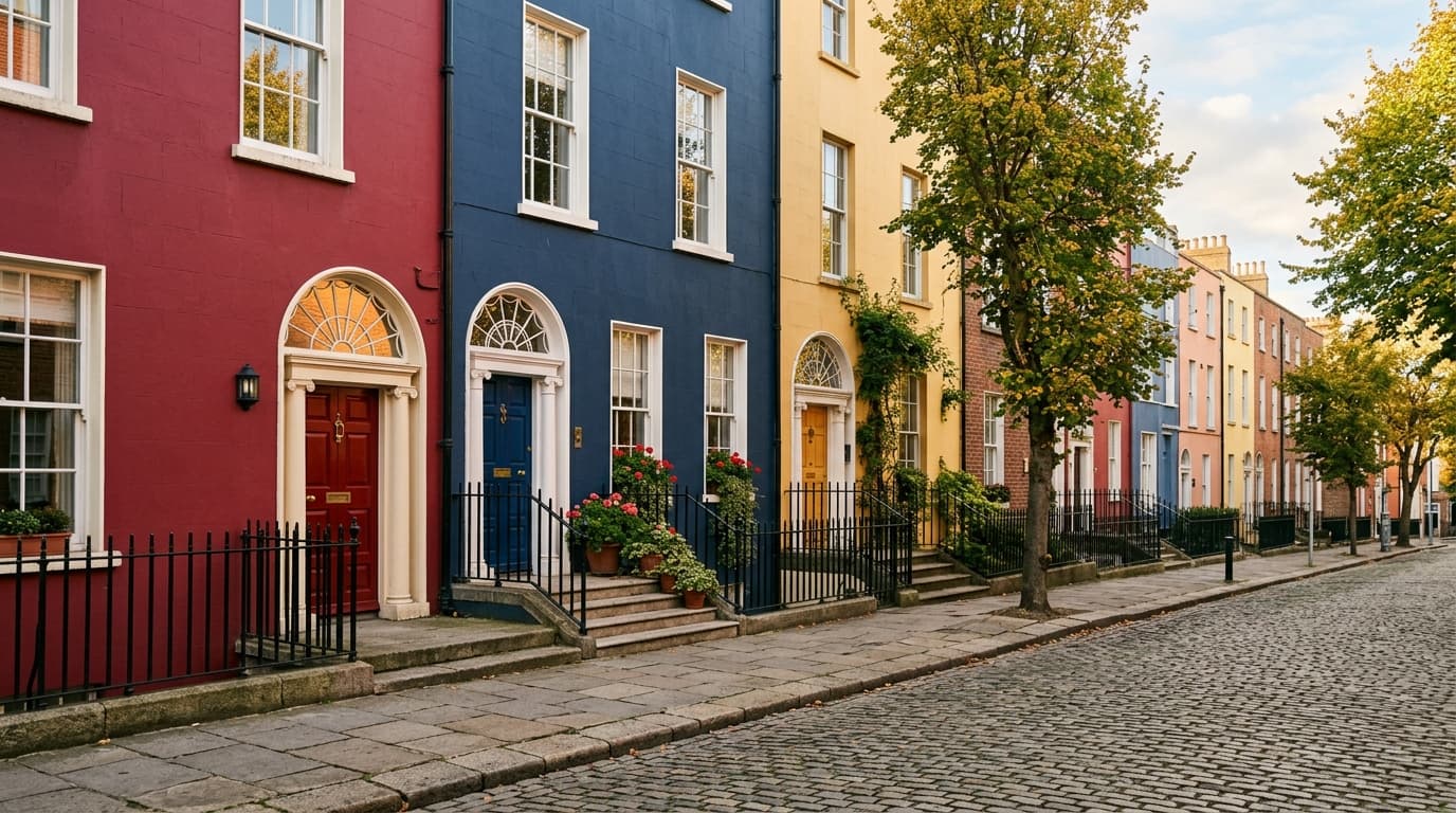 Residential street with colourful Georgian facades in Dublin, Ireland