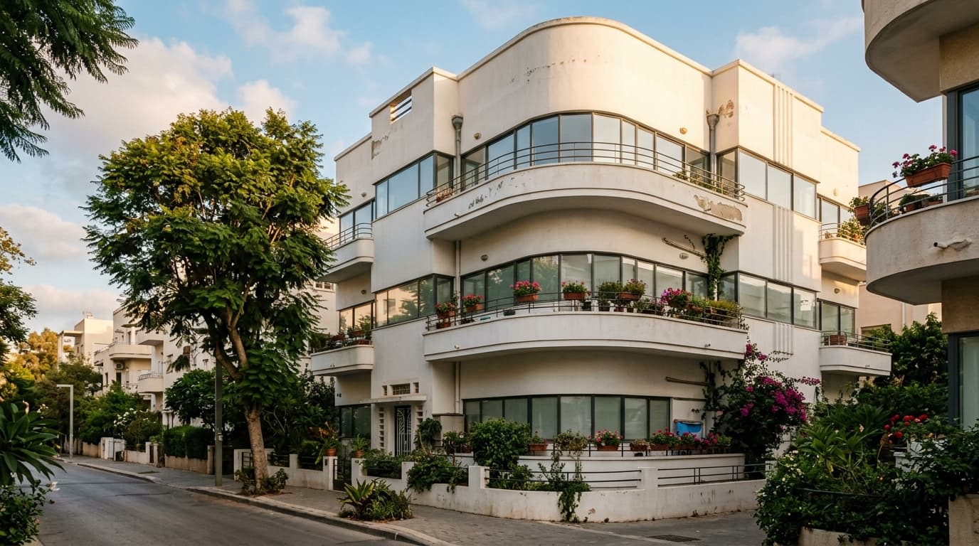 Immeuble de style architecture Bauhaus dans un quartier résidentiel de Tel Aviv, Israël