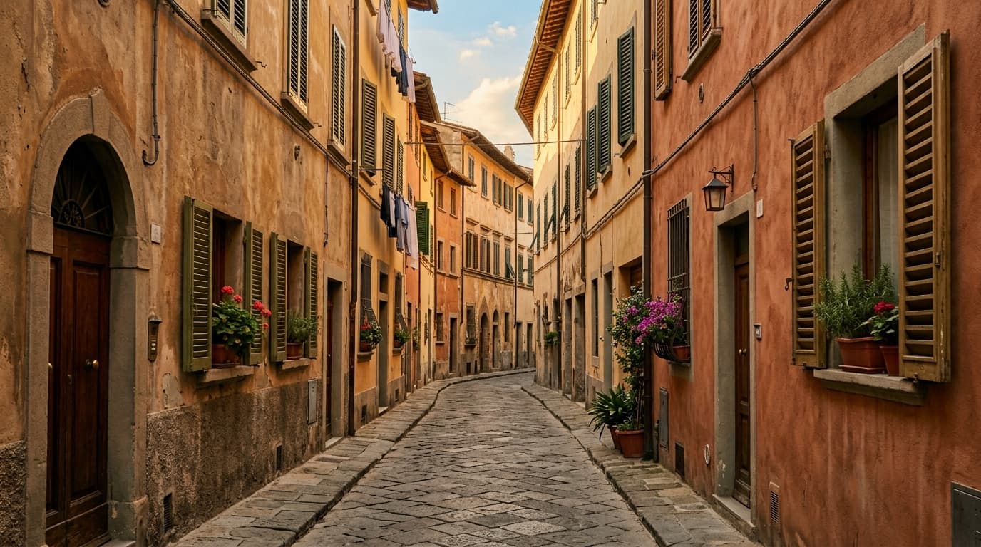 Vicolo acciottolato fiancheggiato da facciate ocra e terracotta patinate in un quartiere residenziale italiano