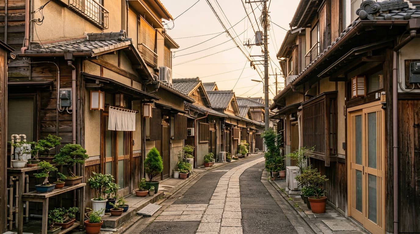 Ruelle résidentielle traditionnelle d'un quartier calme de Tokyo, maisons en bois et bonsaïs en pot