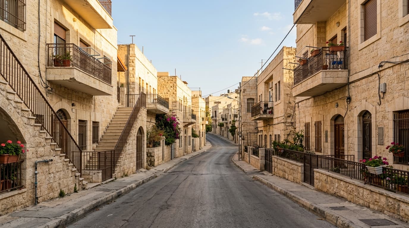 Quiet residential street in an Amman neighbourhood, light stone facades typical of Jordanian architecture, no recognisable people