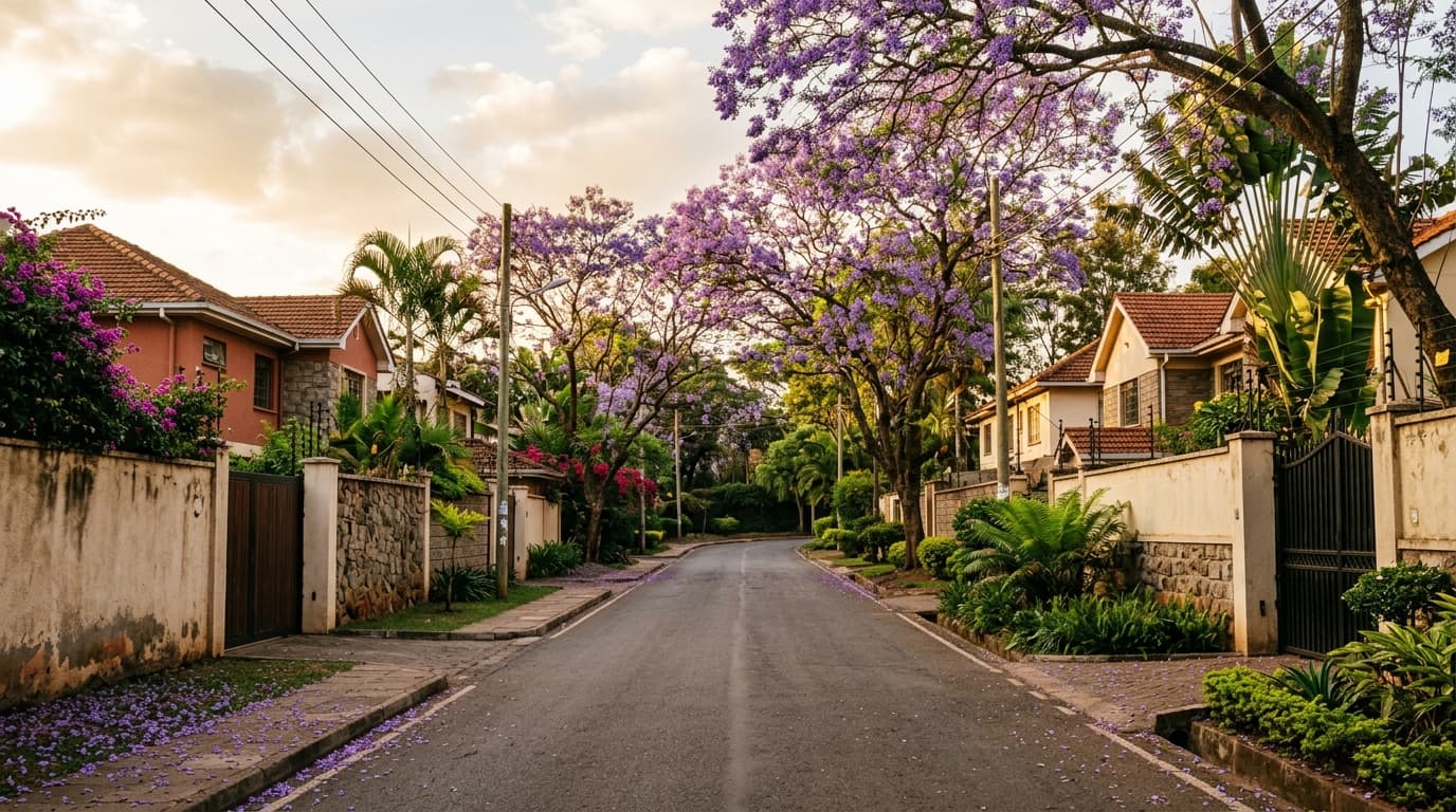 Quiet residential street in a Nairobi neighbourhood, houses surrounded by greenery and perimeter walls, no recognisable people