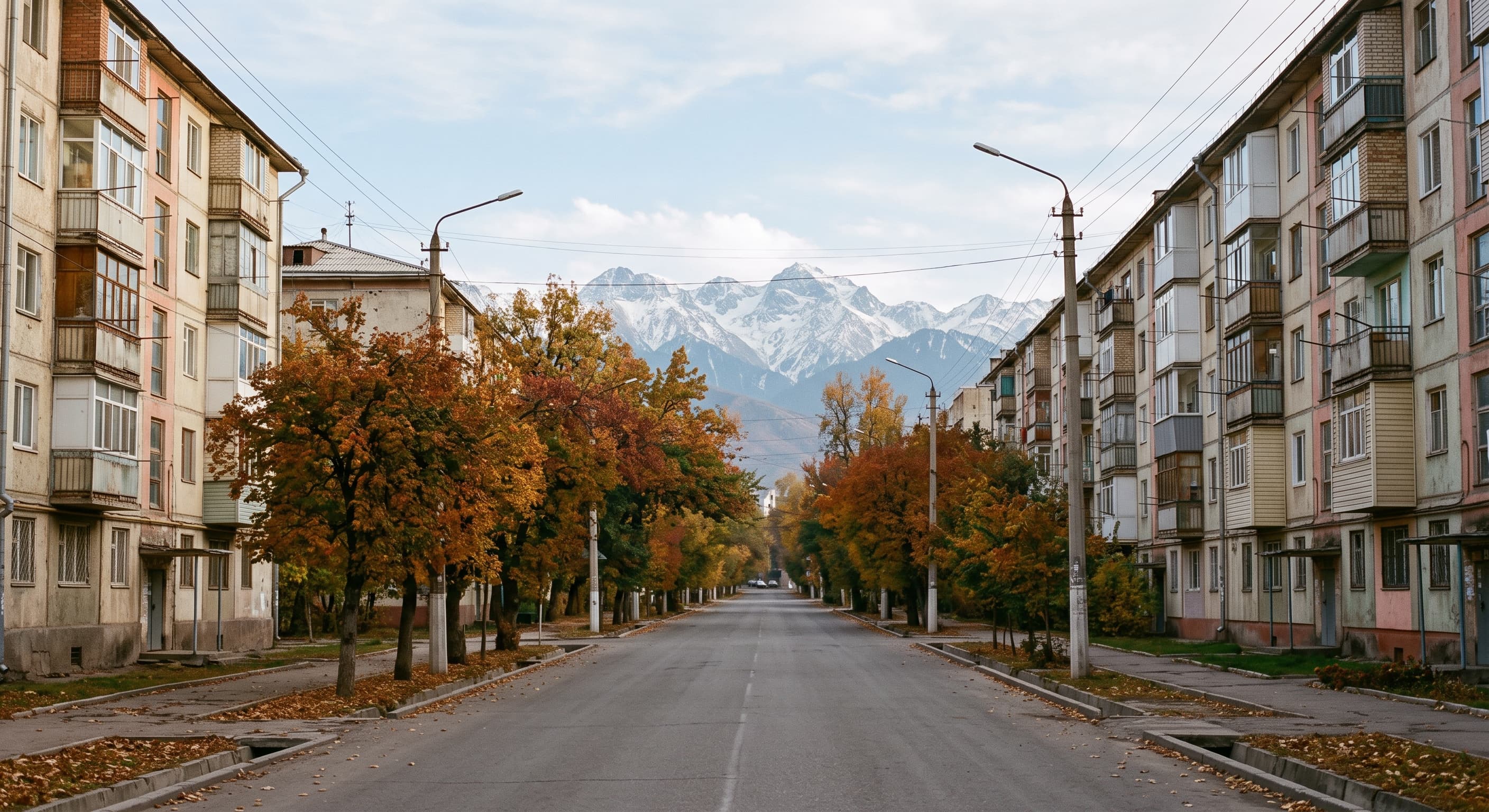 Residential avenue lined with autumn-coloured trees in Bishkek, Soviet-era buildings and the snow-capped Tian Shan mountains in the background, no recognisable people or vehicles