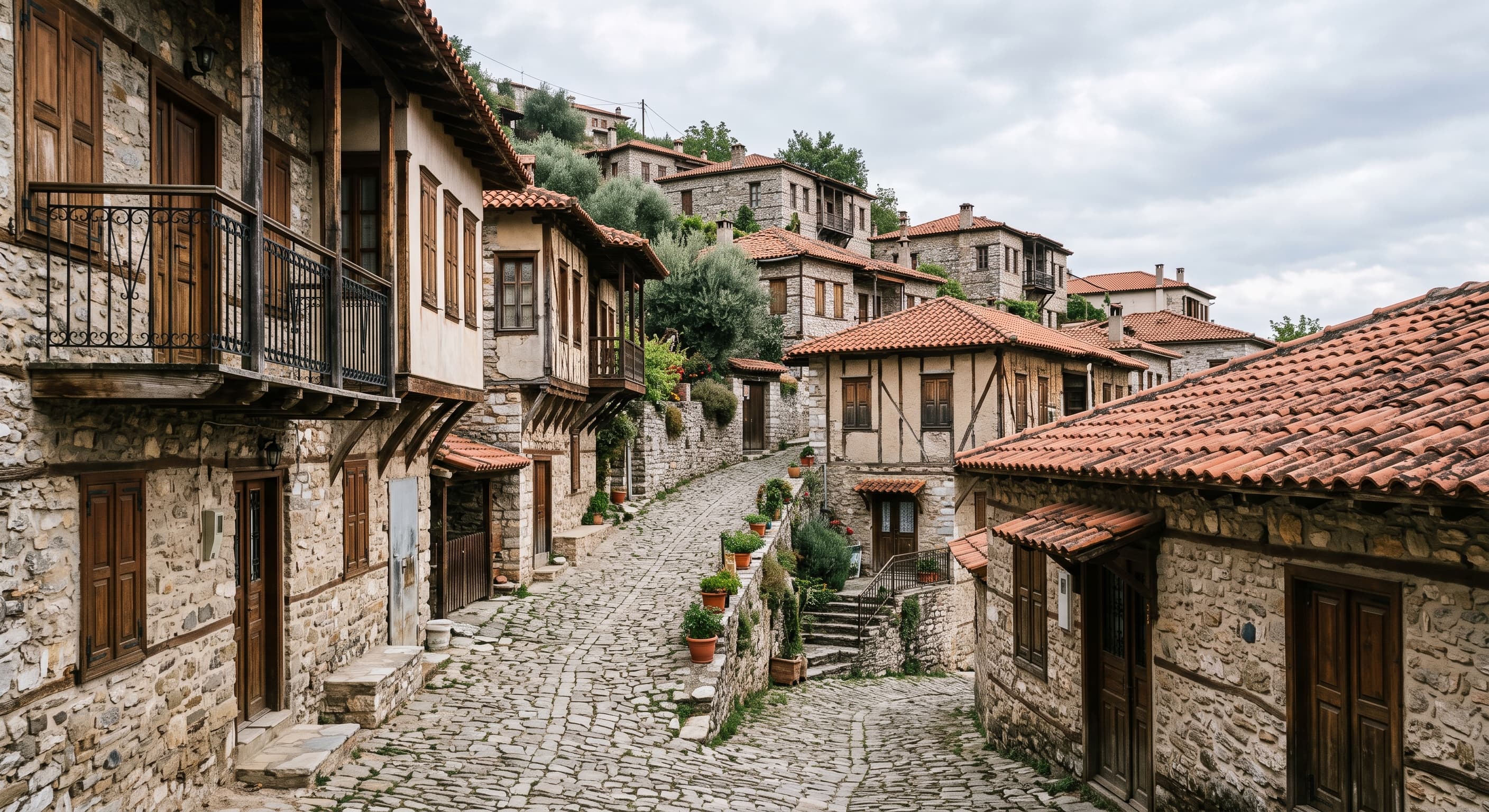 Rue résidentielle calme aux maisons traditionnelles en pierre et toits de tuiles, à flanc de colline dans un vieux quartier du Kosovo