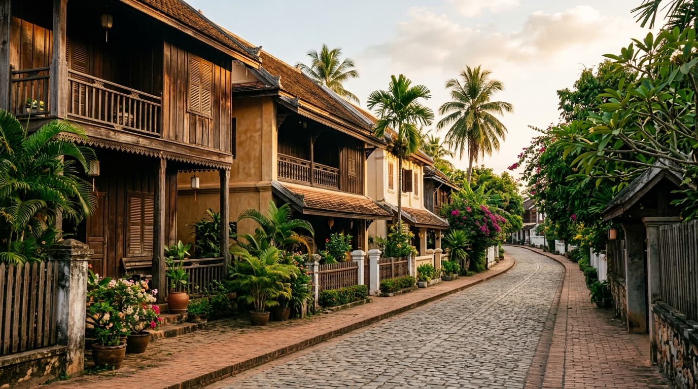 Via residenziale tranquilla di un quartiere storico di Luang Prabang, Laos, facciate tradizionali in legno e architettura coloniale